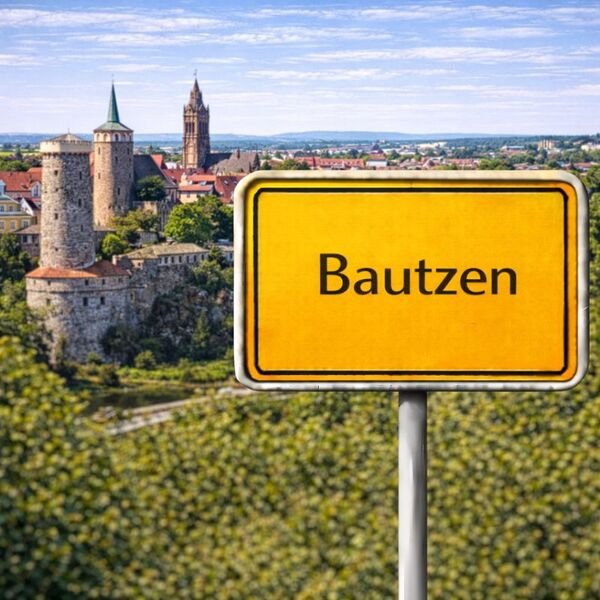 Gelbes Ortsschild Bautzen mit Stadt im Hintergrund