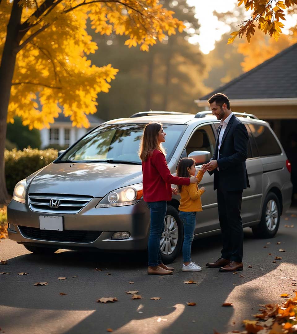 Eine Familie übergibt ein Auto an einen Händler beim Autoankauf Bautzen vor dem Haus